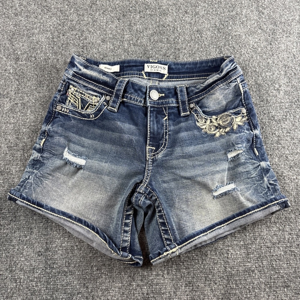 Vigoss Embellished Rhinestone Embroidered Denim Shorts Women's Size 0 Y2K
